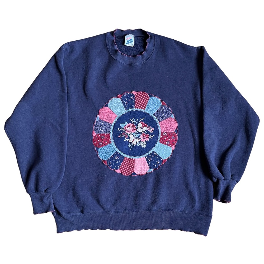 Vintage Patchwork Quilt Floral Navy Blue Crewneck Sweatshirt Size Large